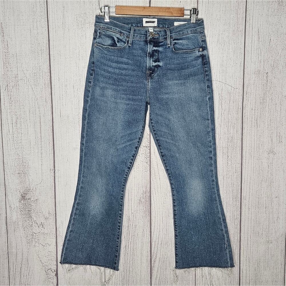 FRAME Denim Le High Flare Medium Wash Raw Hem Jeans, size 28